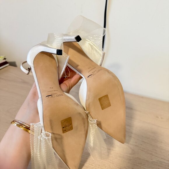 Jimmy Choo Averly 100 Satin Pumps Bow Mesh Detail Ankle Strap Stiletto Heels - Picture 11 of 13